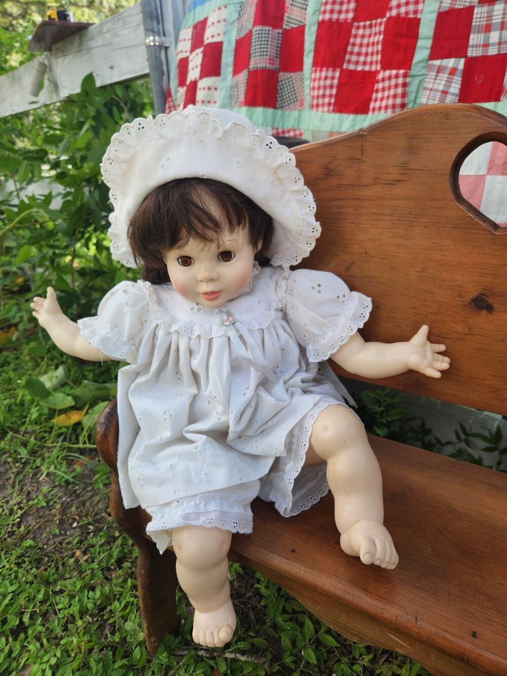 Vintage Gotz Baby Doll Brown Hair Eyes Vinyl Cloth Body Eyelet Outfit